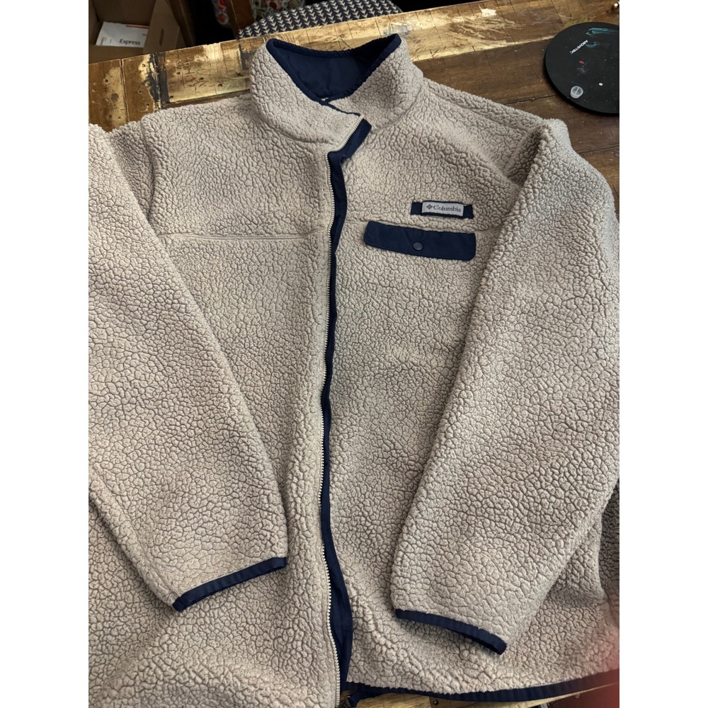 Columbia Mens XXL Sherpa Fleece Jacket Full Zip Beige Navy Blue Mock Neck